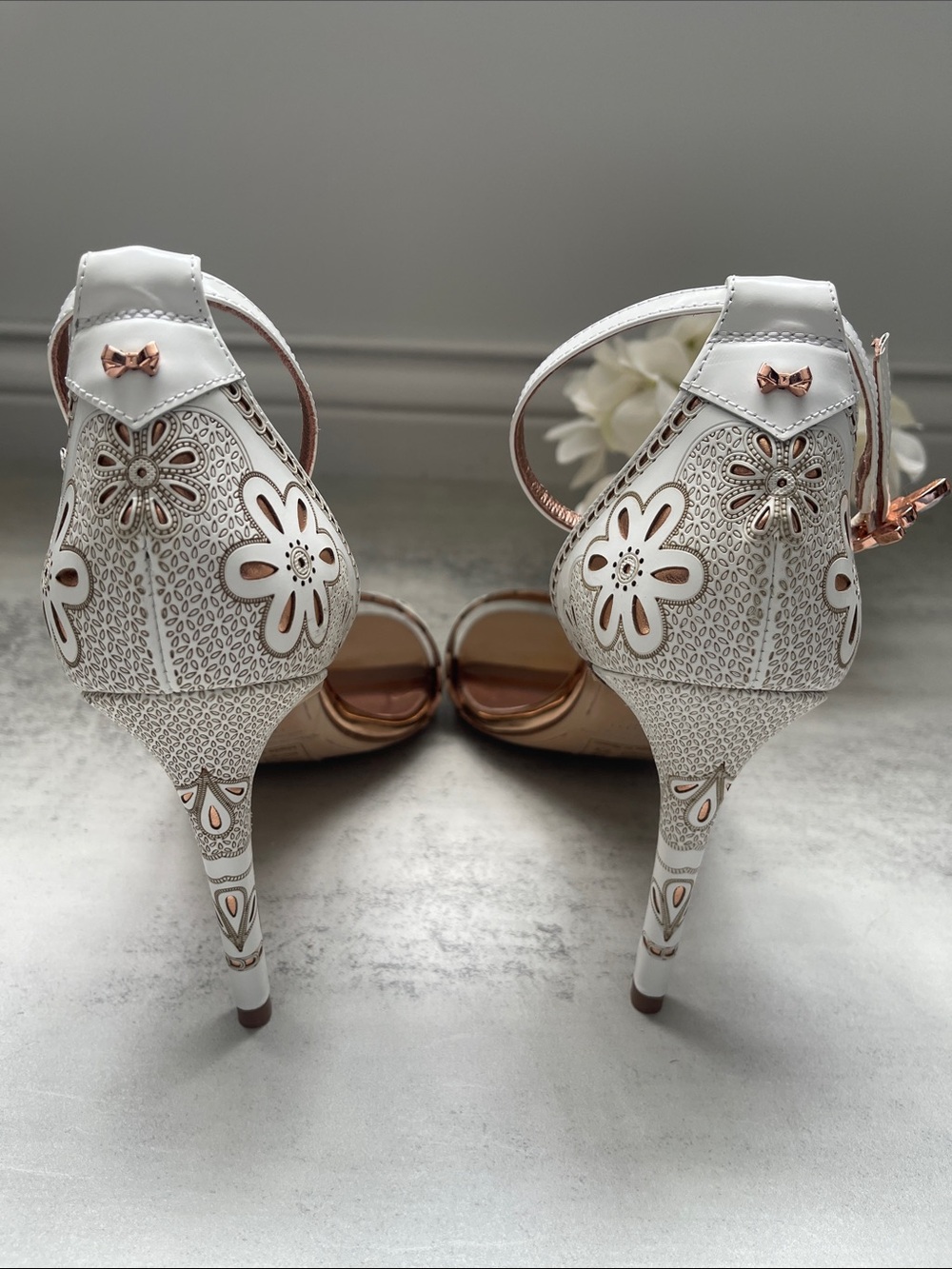 Ted Baker Cimaa Ivory and Rose Gold Laser Cut Floral Stiletto Heeled Sandal - Picture 4 of 10